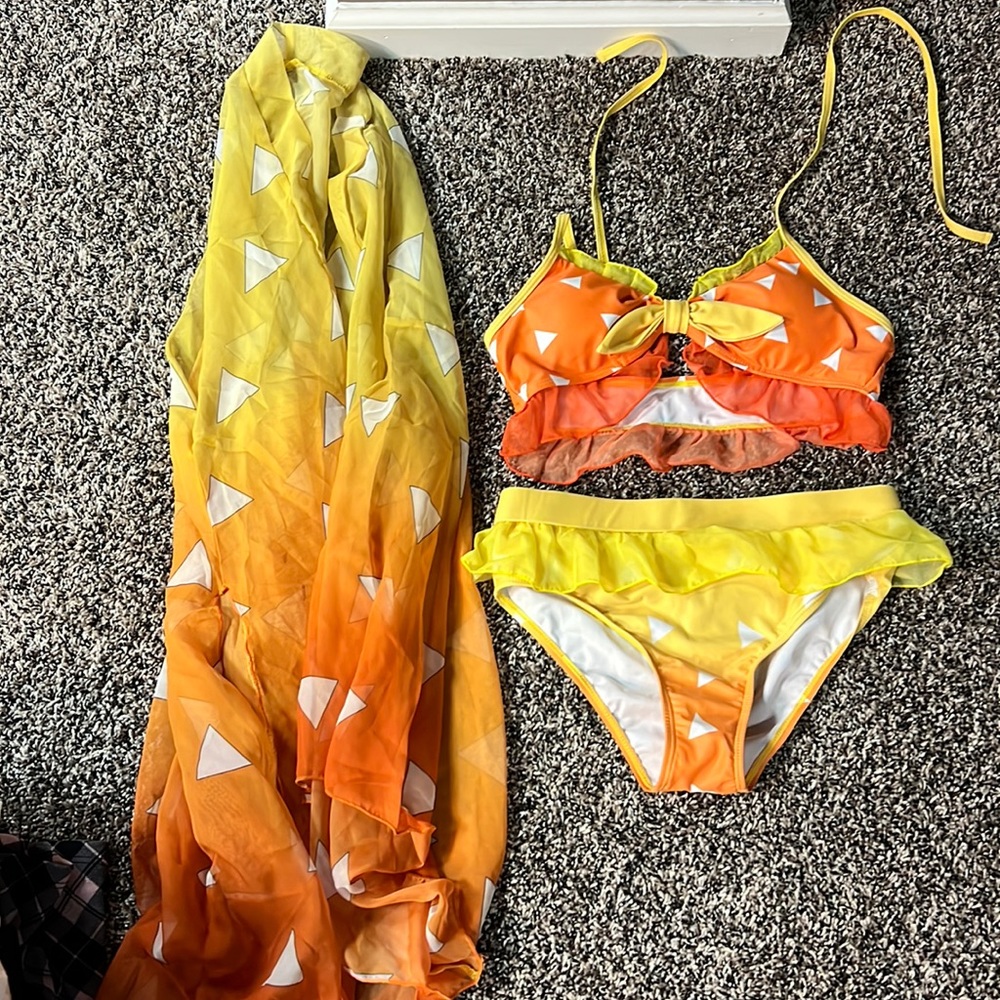 Anime Demon Slayer bikini with matching kimono cover-up